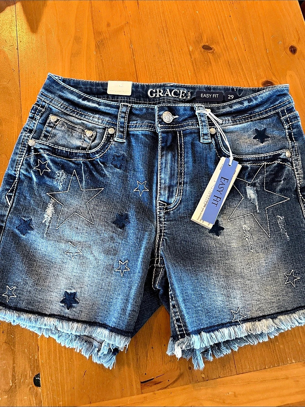 Grace in LA Easy Fit Star Denim Shorts Blue Waist 29